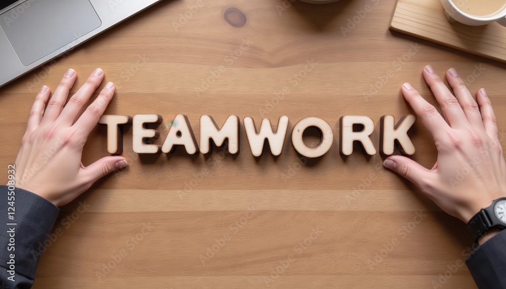 Creative Hands Arranging Wooden Letters to Spell Teamwork Concept
