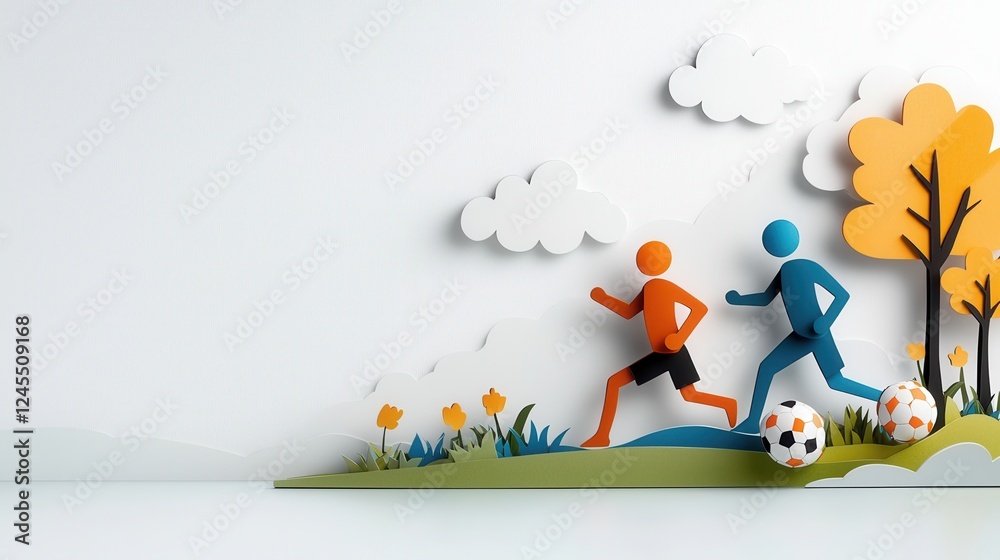 Fototapeta premium representation of and teamwork in a sports setting with two athletes running and playing soccer on a grassy field with autumn trees and clouds in the background