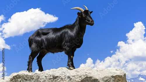 Black goat mountaintop pose summer sky clouds