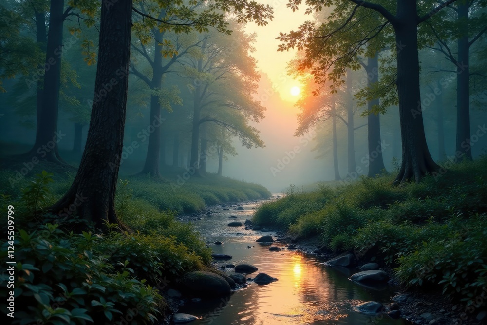 Naklejka premium Misty forest at dusk with a winding creek in the foreground, foliage, peaceful, trees