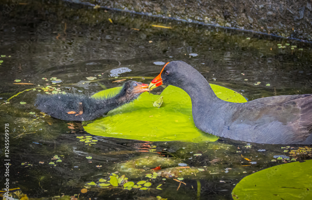 Fototapeta premium A dusky moorhen parent feeds her dependent offspring chick a morsel across a green lily pad in a canal in Robina on the Gold Coast in Queensland, Australia.