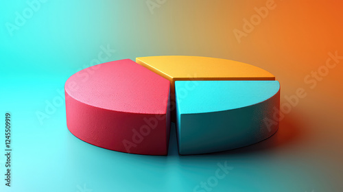 3D rendered pie chart with three segments in red, blue, and yellow, against a teal and orange gradient background.