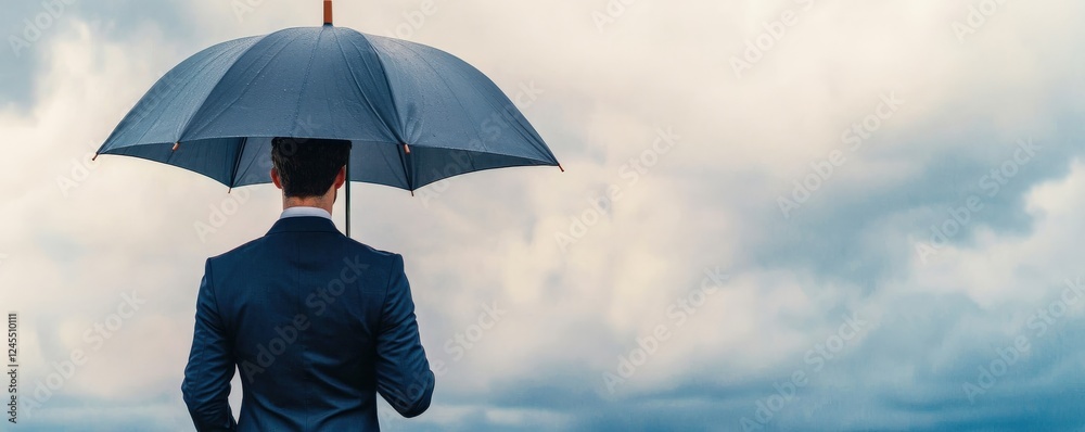 Leadership development confidence adaptability concept. A man in a suit holds an umbrella against a cloudy sky. Leadership development confidence adaptability concept. A man in a suit holds an umbrella against a cloudy sky.