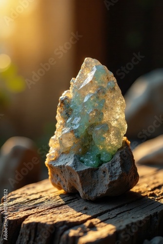 Mineral cutout on wooden background with warm natural light, stone, earthy, wood photo