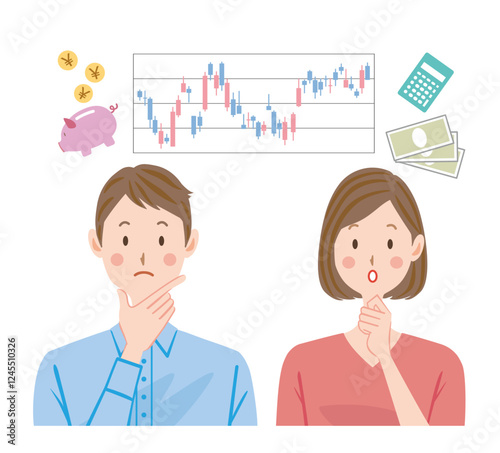 投資　株　資産形成を考える夫婦のイラスト