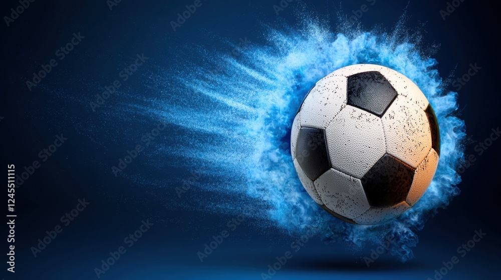 Fototapeta premium Spinning Soccer Ball with Vibrant Holographic Energy Burst in a Futuristic Blue Background