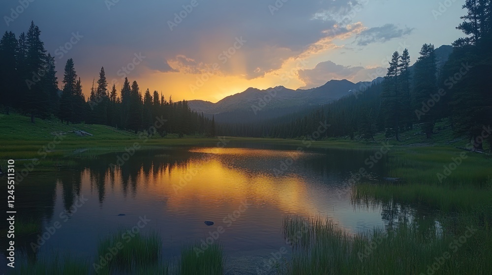 Fototapeta premium Serene sunset reflecting on a calm mountain lake.