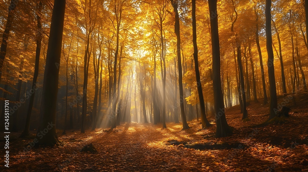 Fototapeta premium Golden Autumn Forest Path: Sunbeams Through the Trees