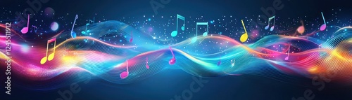Colorful music notes wave, digital art, abstract background, website header