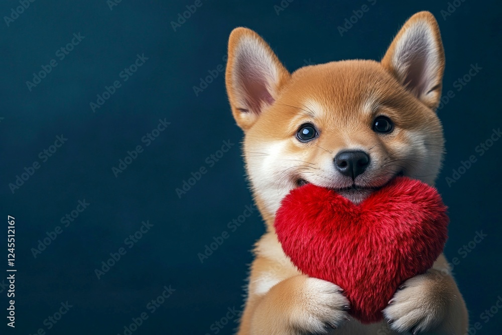 Promotion conceptual art. Shiba inu - my treasured dog. Cute shiba inu hound with fluffy red heart - emblem of love, funny greeting card. Valentine's day puppies and hearts. Love animals.