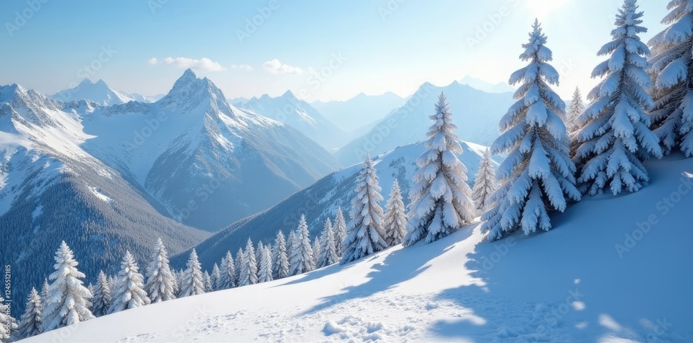 Fototapeta premium Frosty trees on Dolomiten Rosengartenspitze with Neuschnee, , frozen surface, delicate snow