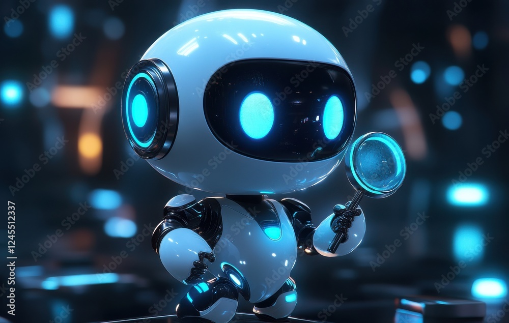 Fototapeta premium Cute robot character holding magnifying glass, exploring futuristic environment, glowing lights, playful and friendly design, digital art, imaginative concept