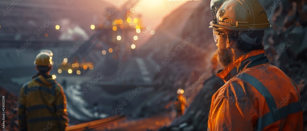 Mining Operation: Workers in Safety Gear at Work in a Mine, Industrial Extraction Site Scene