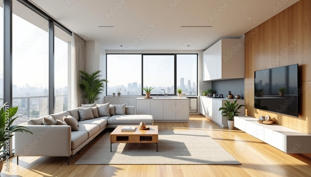 Fototapeta premium Elegant Minimalist Living Room with Crisp White Walls, Modern Furniture, and Warm Wooden Flooring, Creating a Contemporary Space for Relaxation