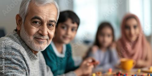 Elderly Caucasian Male Enjoying Board Game with Multiracial Family at Home