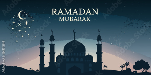 Islamic architecture, mosque silhouette, crescent moon, starry night sky, sunset colors, Ramadan Mubarak text, glowing stars, twilight atmosphere, golden gradient, skyline, spiritual, festive, elegant