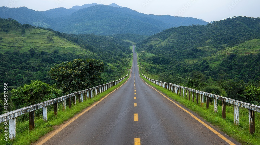 Obraz premium Winding scenic mountain road leading through a lush green countryside landscape with a bridge crossing over a valley A picturesque serene vista of rolling hills forests and meadows