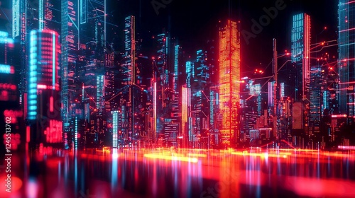 Wallpaper Mural Cyberpunk Cityscape: Digital Architecture in Vibrant Neon Lights. Futuristic Urban Scene with Glowing Buildings and Network Connections Torontodigital.ca