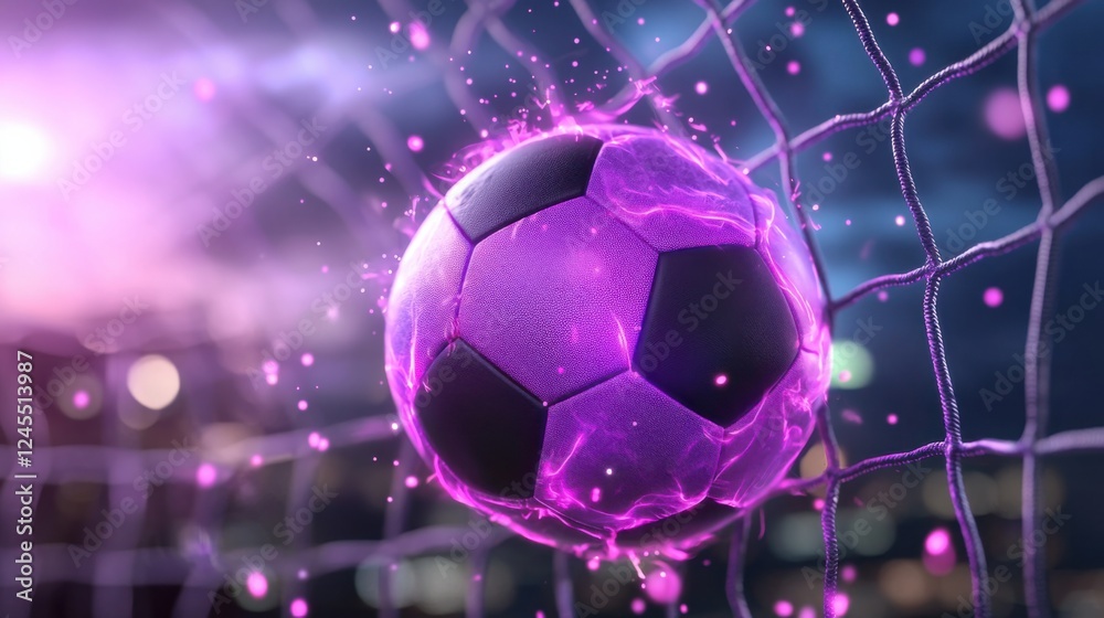 Naklejka premium Vibrant digital depicting a glowing soccer ball colliding with a goal in a dynamic futuristic stadium setting with pulsing lights and energy