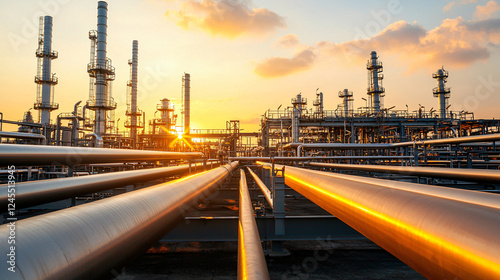 A vast oil and gas plant under a golden sunrise, with pipes and towers stretching into the horizon. The soft morning light reflects off the metal structures, creating a peaceful yet industrious atmosp