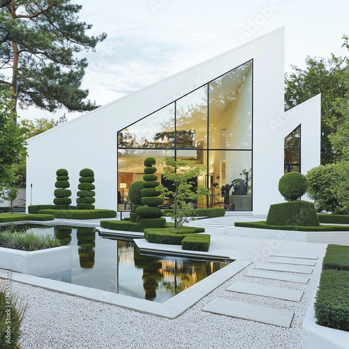 Glass walls and a tranquil garden setting feature in this avant-garde white home.