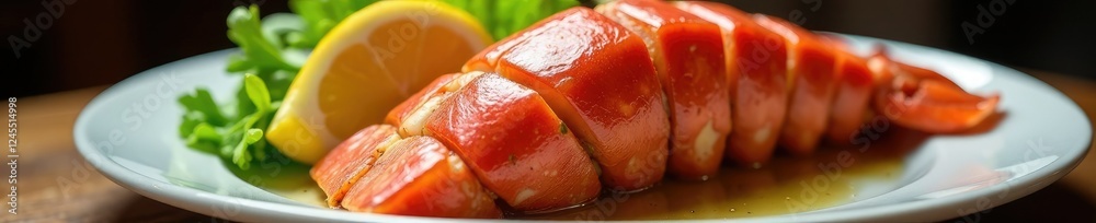 A succulent lobster tail sliced and served on a plate, epicurean, rich, juicy A succulent lobster tail sliced and served on a plate, epicurean, rich, juicy