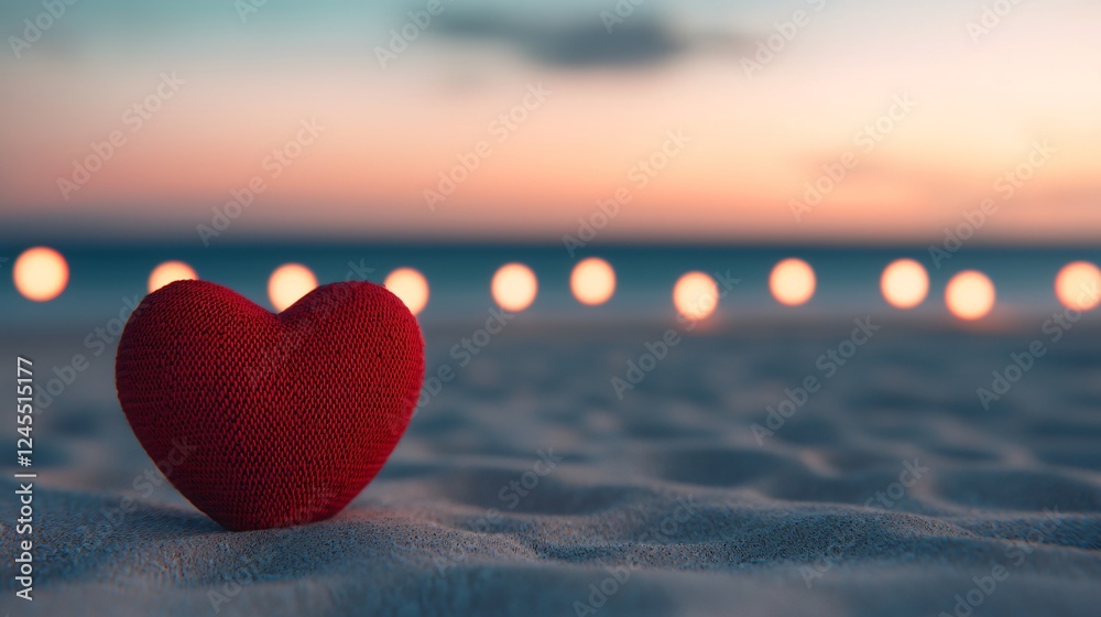 Fototapeta premium Romantic Red Knit Heart on Sandy Beach at Sunset with Lights