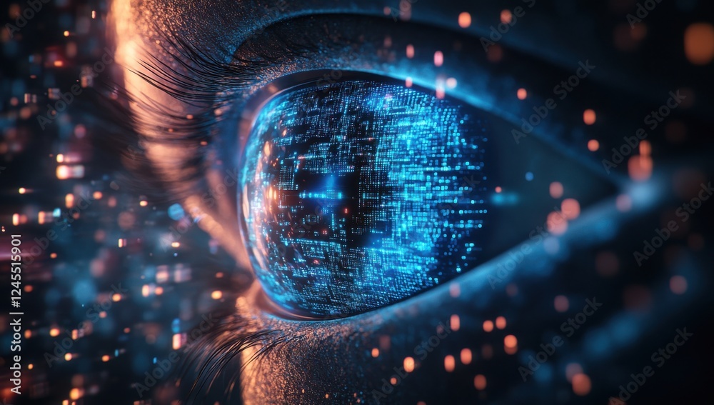 Digital Eye with Blue Light and Glowing Particles Representing Technology and Data Transfer in a Futuristic Concept of Vision and Perception Digital Eye with Blue Light and Glowing Particles Representing Technology and Data Transfer in a Futuristic Concept of Vision and Perception