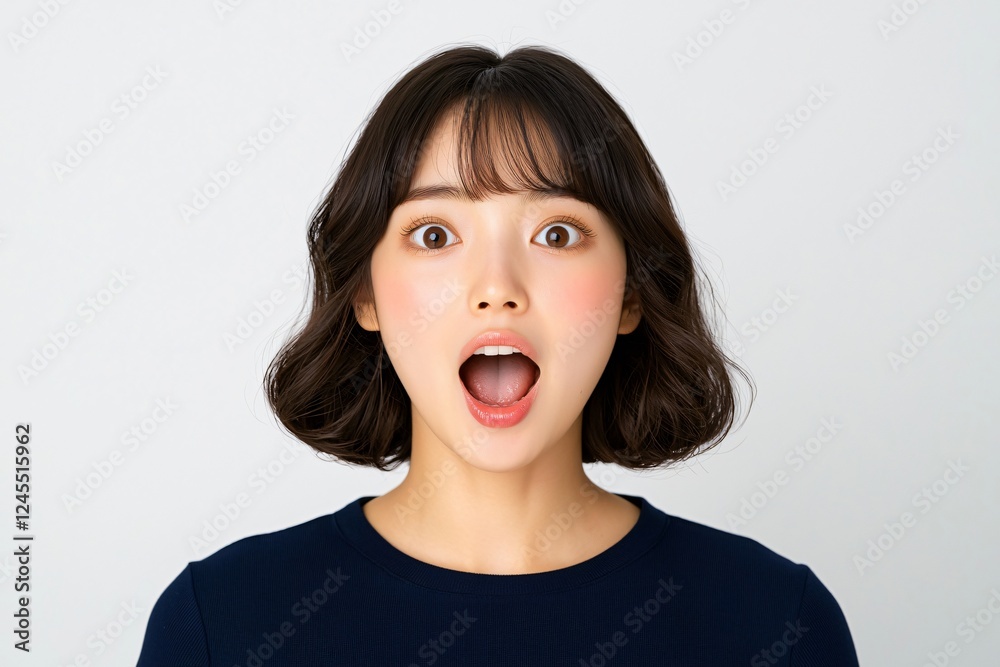 Portrait of a Surprised Young Asian Woman with Short Dark Hair Open Mouth Wide Eyes Portrait of a Surprised Young Asian Woman with Short Dark Hair Open Mouth Wide Eyes