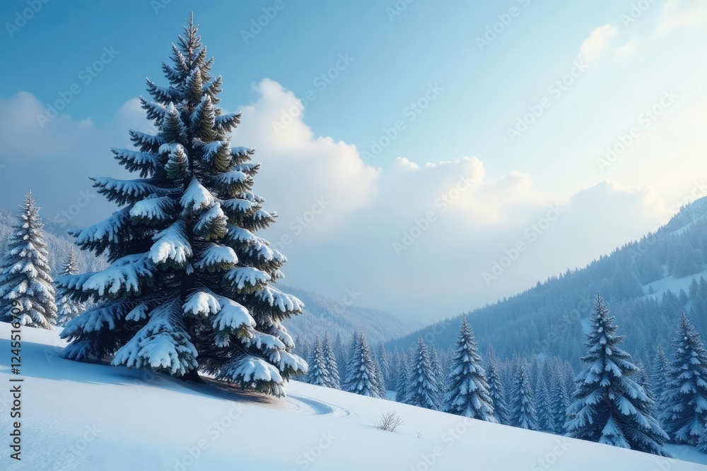 Fototapeta premium Towering spruce tree rises above the snowy forest landscape, winter wonderland, towering spruce, frosty branches