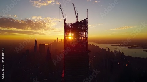 Silhouette of a tall tower at sunset, urban skyline with vibrant colors, ideal for cityscape themes and inspirational content. photo