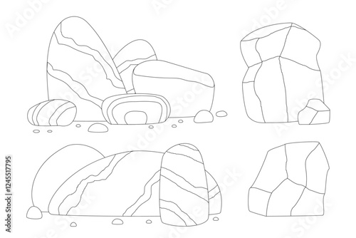 vector stone, boulder cartoon set clip art isolated on transparent background. Hand drawn sketch. Coloring book page
