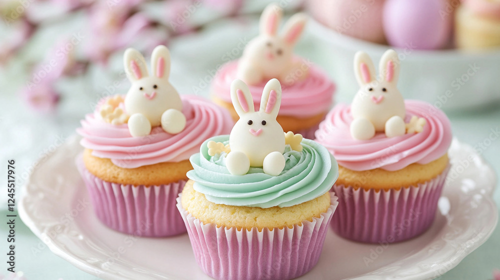 Pastel cupcakes decorated tiny bunny toppers swirled frosting Easter holiday bakery aesthetic Pastel cupcakes decorated tiny bunny toppers swirled frosting Easter holiday bakery aesthetic