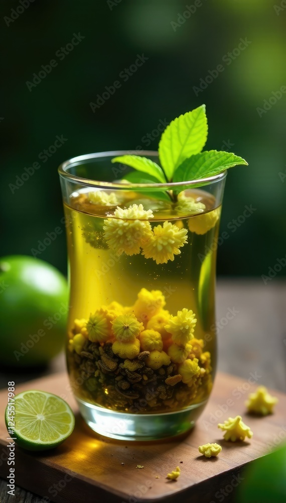 Tea infuser filled with dried lime blossoms in a glass, nature, refined Tea infuser filled with dried lime blossoms in a glass, nature, refined
