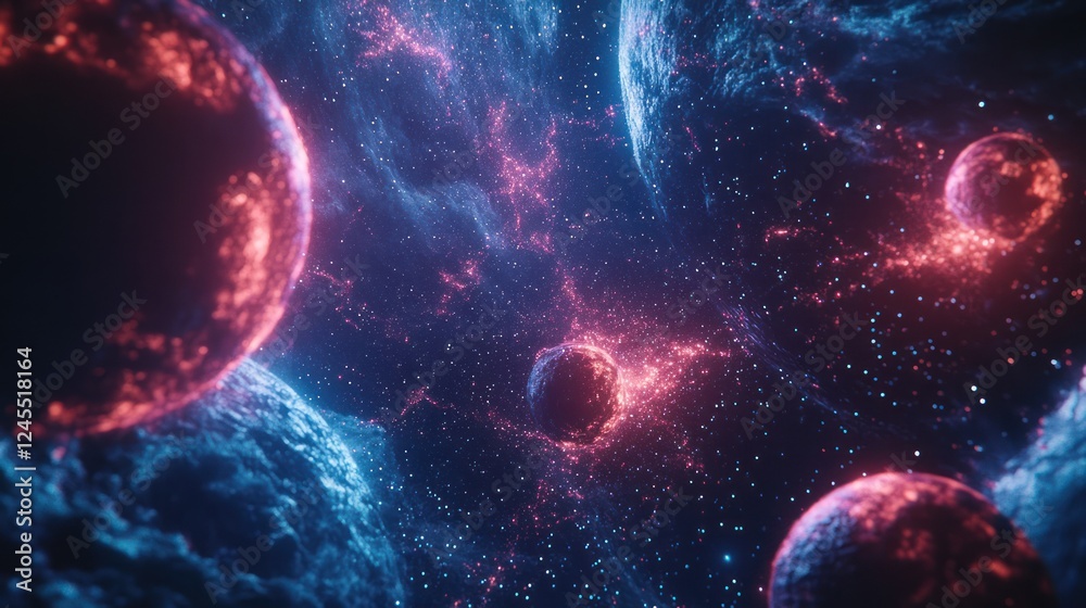 Obraz premium Glowing nebula with planets and cosmic dust.