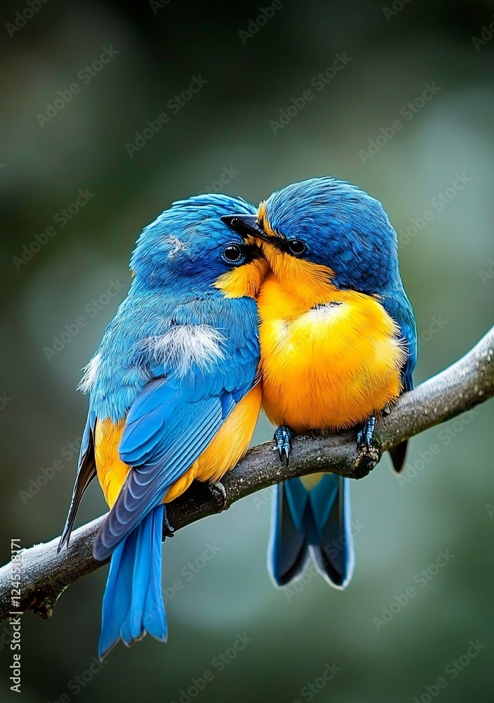 Obraz premium Vibrant Blue and Yellow Birds Cuddling on Branch Wildlife Photography