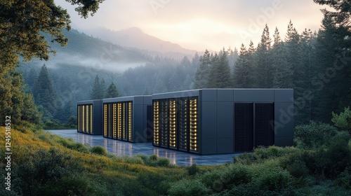 Modern technology data center in forest. Data infrastructure merge with nature. Environment enriched by servers and sustainability, offering eco integration. Scenic landscape blends innovation and