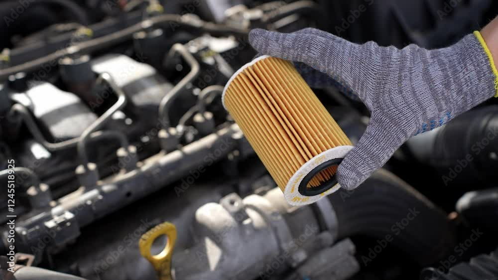 Auto mechanic holds paper oil filter for diesel cars against background of engine compartment of car. Concept of timely replacement of auto parts, replacement of oil and oil filter of car
