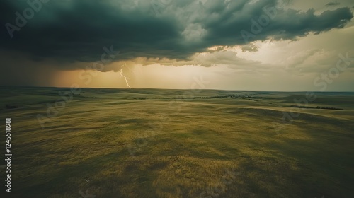 Dramatic landscape under dark clouds, expansive horizon with muted colors, evokes a sense of calm before a storm. photo