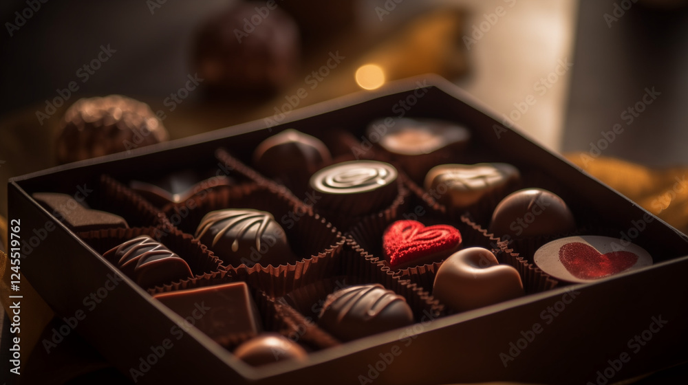 Valentine's Day chocolates, heart-shaped boxes, luxurious packaging, colorful and delicious, romantic setting, soft focus, natural lightin Valentine's Day chocolates, heart-shaped boxes, luxurious packaging, colorful and delicious, romantic setting, soft focus, natural lightin