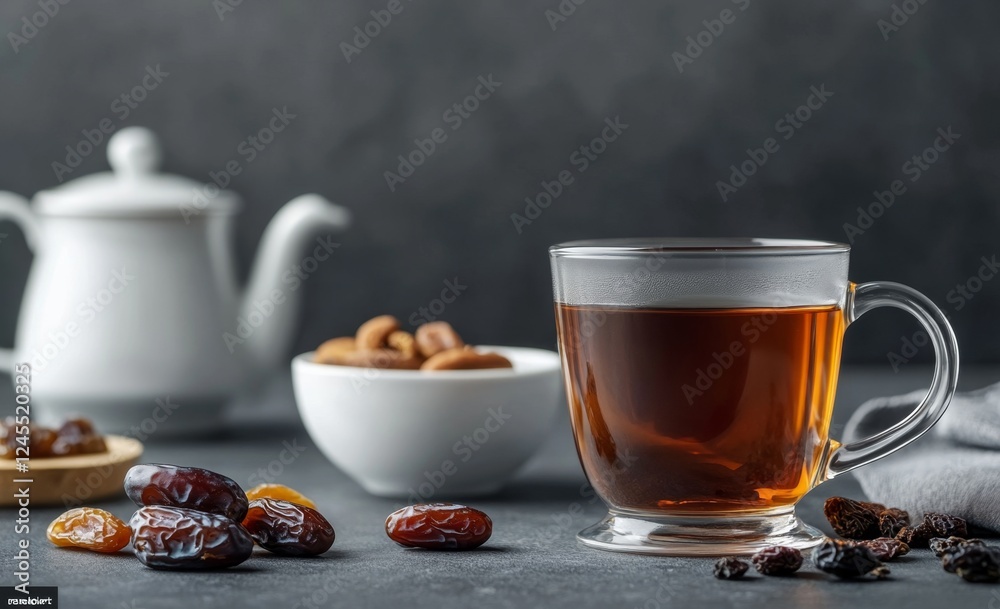 Tea, dates, nuts, dark background, healthy snack, studio Tea, dates, nuts, dark background, healthy snack, studio