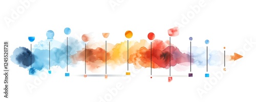 Colorful abstract timeline with watercolor splashes and arrow design, representing progress, development, and creative growth.