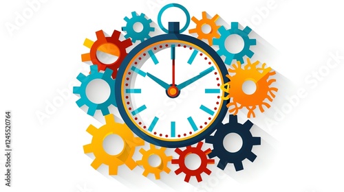 Colorful clock and gears illustration representing time management and efficiency concepts. Dynamic design for business and productivity themes.