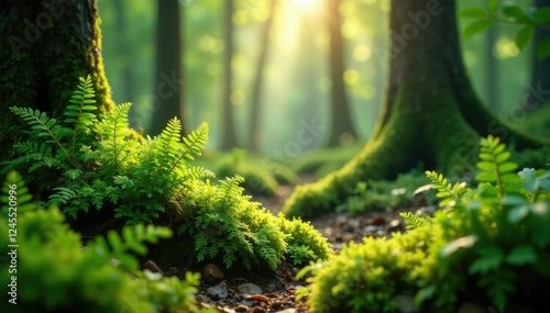 mossy ferns carpet forest floor softly filtering sunlight, verdure, plant life, forest floor