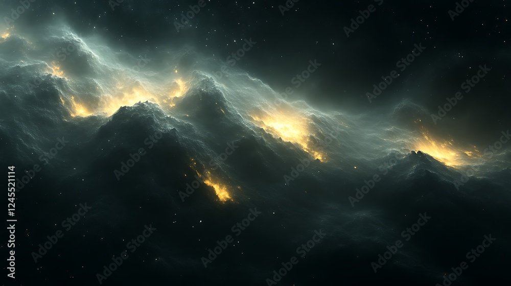 Fototapeta premium Celestial Mountains Glowing In Dark Nebula Space