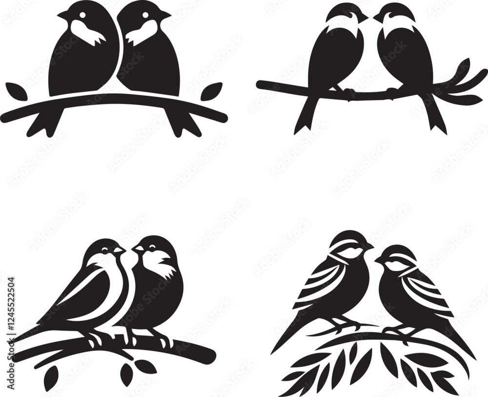 Naklejka premium Captivating Sparrow Silhouette Illustrations on Branches, Highlighting Freedom and Natural Beauty