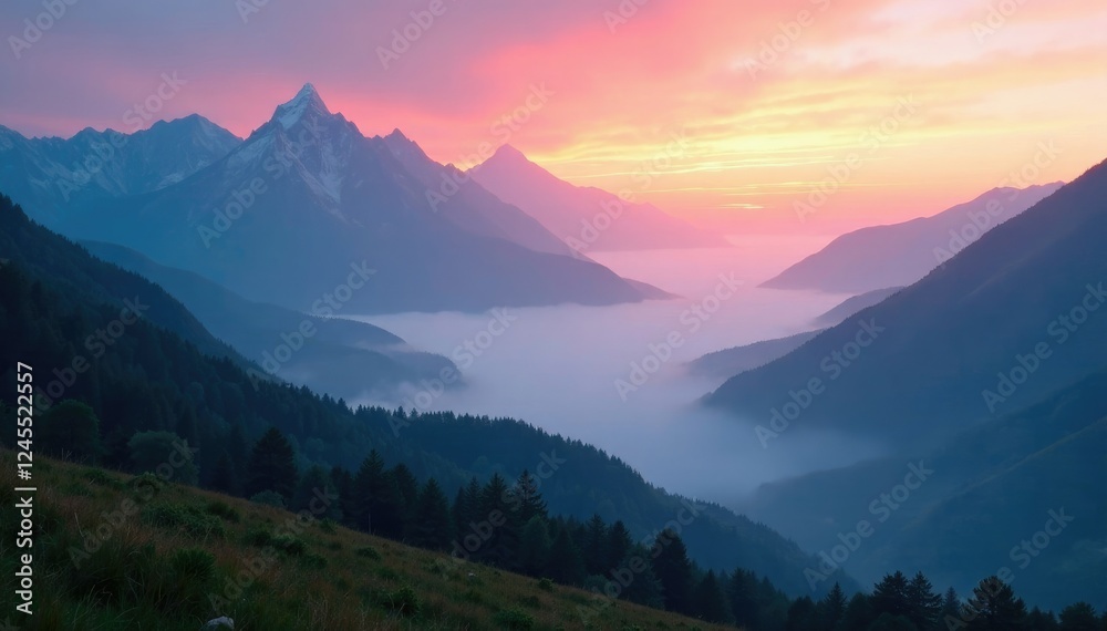 Fototapeta premium Misty dawn veils mist-shrouded mountain valley, serene, mountains