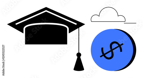 Graduation cap next to blue circle with dollar sign, above them simple cloud. Ideal for student loans, scholarships, finance education, budgeting, academic success, career investment, economic