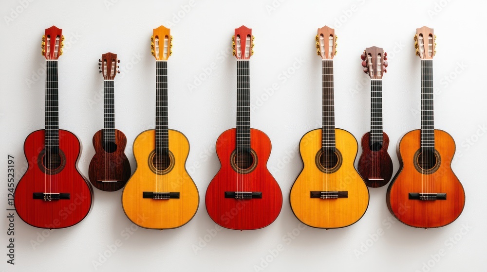 Obraz premium Seven acoustic guitars and ukuleles in a row on white background.