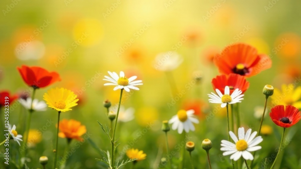 A bright beautiful background of bright wild flowers, creating an atmosphere of spring lightness and comfort. Suitable for website backgrounds, advertising banners and postcards. Awakening of spring, A bright beautiful background of bright wild flowers, creating an atmosphere of spring lightness and comfort. Suitable for website backgrounds, advertising banners and postcards. Awakening of spring,